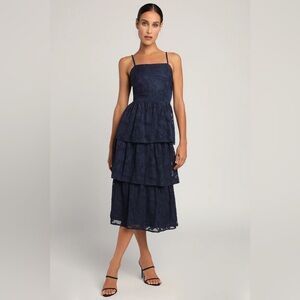 Lulus Grace and Beauty Navy Blue Burnout Floral Print Tiered Dress XS